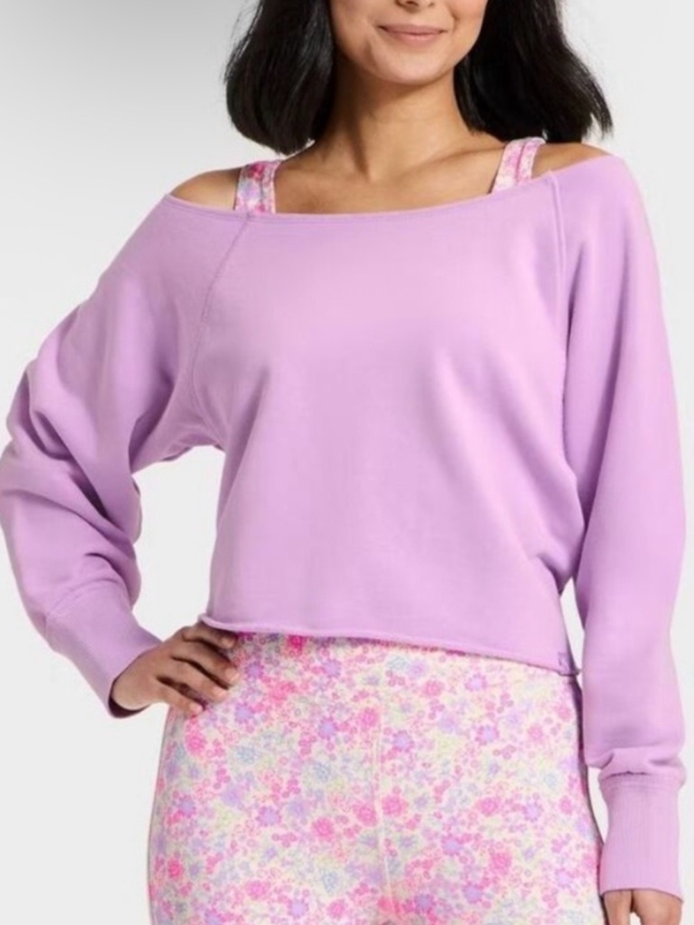 JoyLab Lilac Purple Off-Shoulder Cropped Sweatshirt